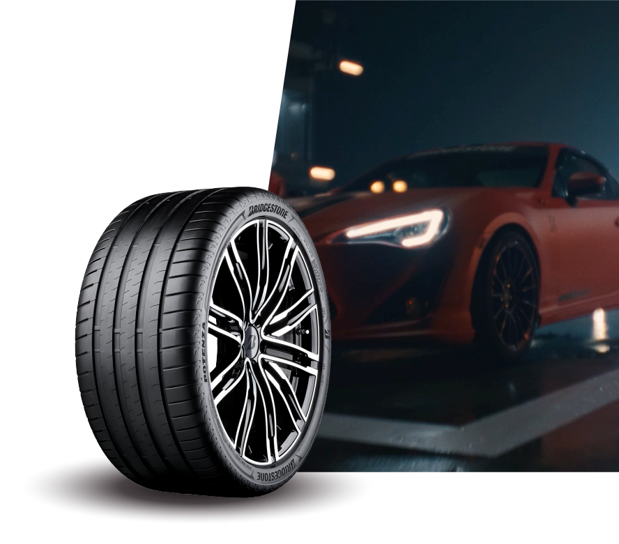 Bridgestone Malaysia ultra-high performance tyre showcased alongside a sleek sports car, highlighting advanced design and high-performance capabilities.